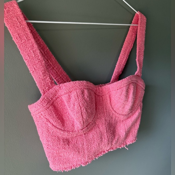 ZARA size small Barbie Pink Textured Crop Top, thick strap, cups, zipper - Picture 3 of 7